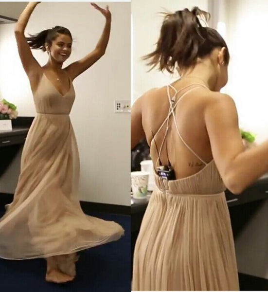 Champagne Selena Gomez Chiffon V Neck Dress Slit Skirt Pleated Prom Celebrity Formal Dress AMA