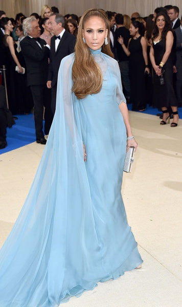 Blue Jennifer Lopez (J.Lo) Cape High Neck Dress Pastel Prom Celebrity Red Carpet Dress Met Gala