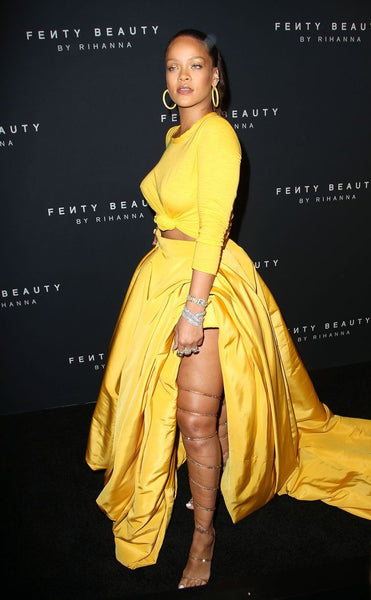Yellow Rihanna Two piece Dress Long sleeves prom Celebrity Red Carpet Evening Dress Fenty Beauty Launch