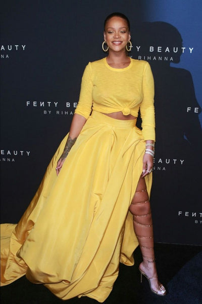 Yellow Rihanna Two piece Dress Long sleeves prom Celebrity Red Carpet Evening Dress Fenty Beauty Launch