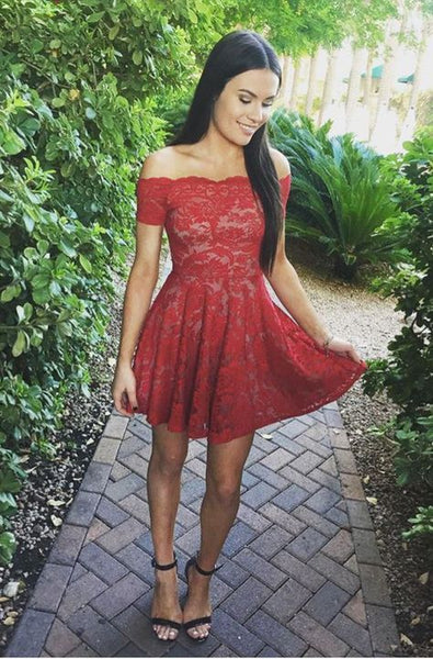 short sleeve homecoming dresses Red Full Lace Off Shoulder Short Sleeve Homecoming Dresses – Hoprom