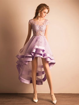 Purple V-neck Lace Applique High Low Tulle Homecoming Dresses Hoprom Purple V-neck Lace Applique High Low Tulle Homecoming Dresses Hoprom
