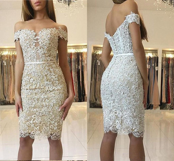 Sheath White Full Lace Applique Off Shoulder Short Sleeve Homecoming Dresses