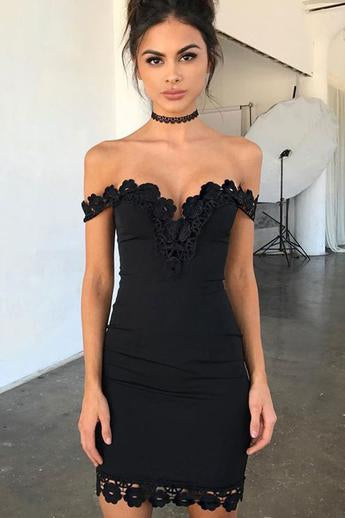 Sheath Black Lace V-neck Off Shoulder Short Sleeve Homecoming Dress Hoprom Sheath Black Lace V-neck Off Shoulder Short Sleeve Homecoming Dress Hoprom
