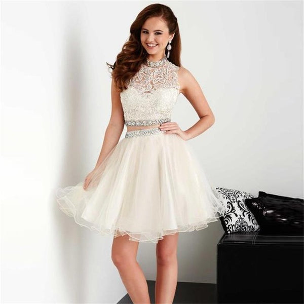 White Halter Lace Applique Two Piece Tulle Homecoming Dresses with Bead Belt