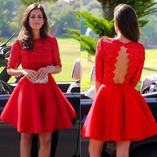Red Lace 3/4 Sleeve Backless Stain Pleats Short Homecoming Dresses