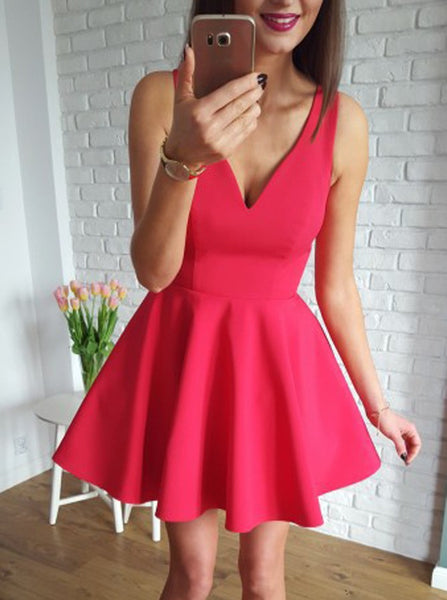 Cute Red V-neck Straps Stain Short Homecoming Dresses