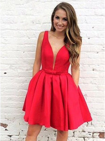 Red Deep V-neck Straps Pleats Short Homecoming Dressed with Bowknot