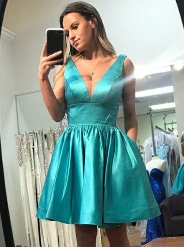 turquoise dresses for homecoming Turquoise V-neck Backless Stain Short Homecoming Dresses With Pocket – Hoprom