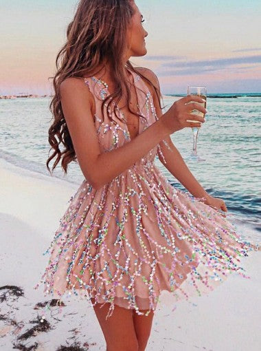 Pink Sequin Deep V-neck Sweetheart Short Homecoming Dresses Hoprom Pink Sequin Deep V-neck Sweetheart Short Homecoming Dresses Hoprom