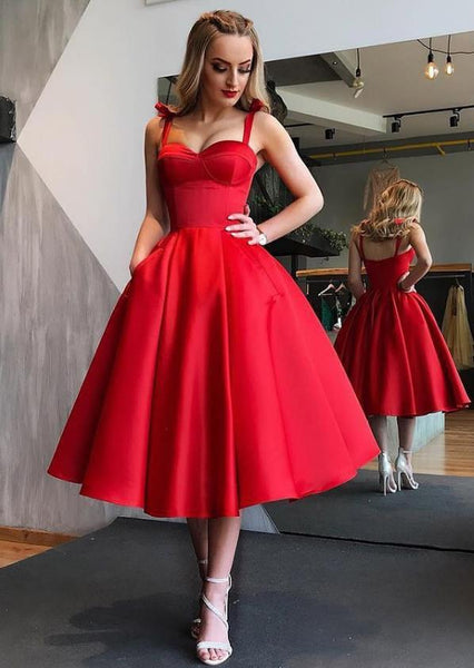 Red Straps Backless Stain Pleated Homecoming Dresses with Pocket