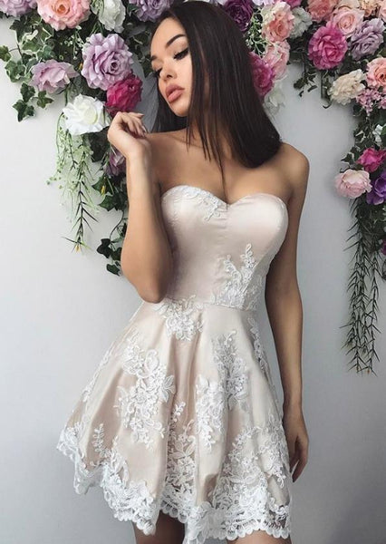 Pearl Pink Strapless Floral Applique Short Homecoming Dresses