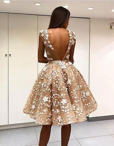 Lace Applique Floral V-neck Backless Pleated Homecoming Dresses Hoprom Lace Applique Floral V-neck Backless Pleated Homecoming Dresses Hoprom