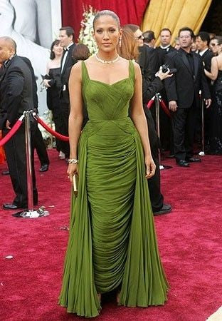 Green Jennifer Lopez (J.Lo) Open Back Dress Ruched Prom Celebrity Red Carpet Dress Oscars