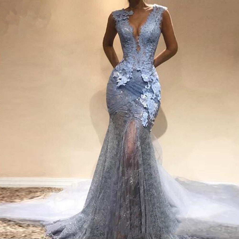 Lace Deep V Neck Sheath Long Prom Dresses Mermaid Appliques Evening Dresses Prom