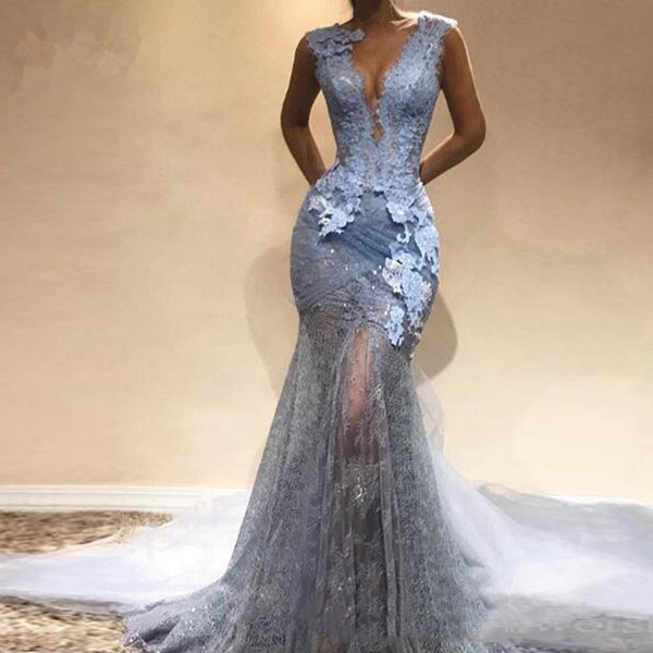 Lace Deep V Neck Sheath Long Prom Dresses Mermaid Appliques Evening Dresses Prom