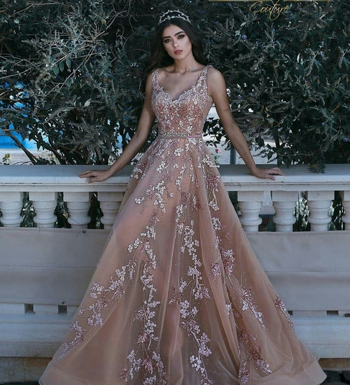Champagne V Neck Tulle Prom Dresses See Through Appliques Evening Dres Hoprom Champagne V Neck Tulle Prom Dresses See Through Appliques Evening Dres Hoprom