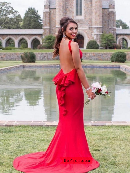 Sexy Open Back Long Jersey Red Prom Dress with Ruffle