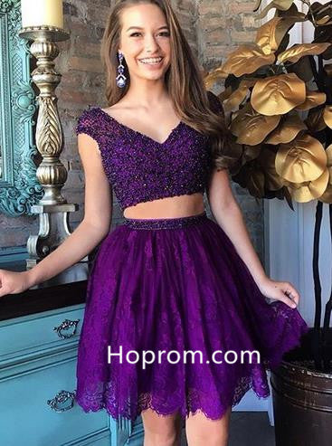 Two Piece Special Purple Short Lace Homecoming Dress Hoprom