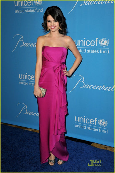 Fuchsia Selena Gomez Off The Shoulder Dress Asymmetrical Satin Prom Celebrity Formal Dress UNICEF Ball