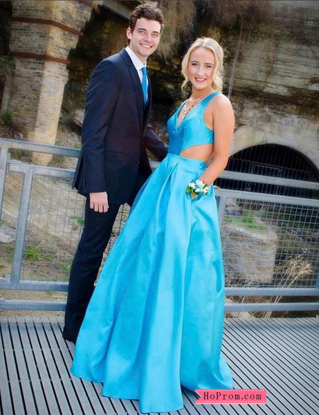 Blue Taffeta A-line Fully Lined Prom Dresses with Open Back