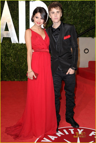 Red Selena Gomez V Neck Dress Chiffon Prom Celebrity Red Carpet Formal Dress Oscars Party