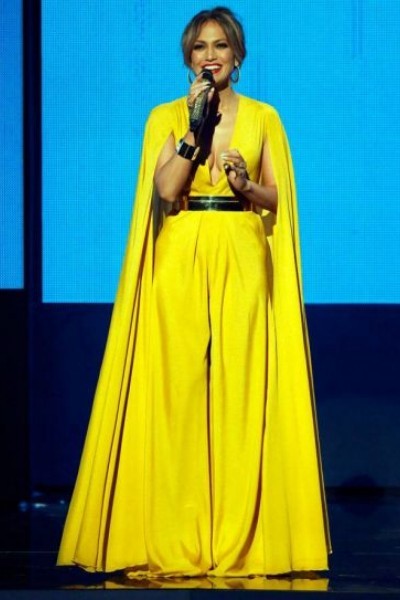 Yellow Jennifer Lopez (JLo) Sexy Cape Dress V Neck Prom Celebrity Formal Dress AMA