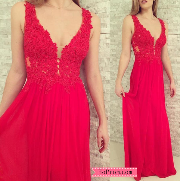 Red Deep V Neck Lace Chiffon Prom Dress