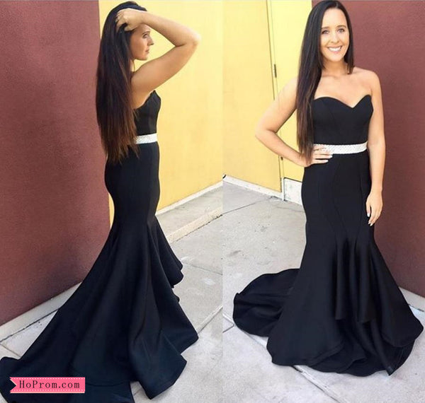 Strapless Sweetheart Black Fitted Mermaid Prom Dresses with Beading