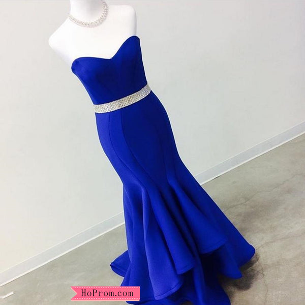 Strapless Sweetheart Blue Fitted Mermaid Prom Dress with Beading