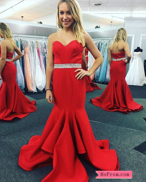 Strapless Sweetheart Red Fitted Mermaid Prom Dress with Beading