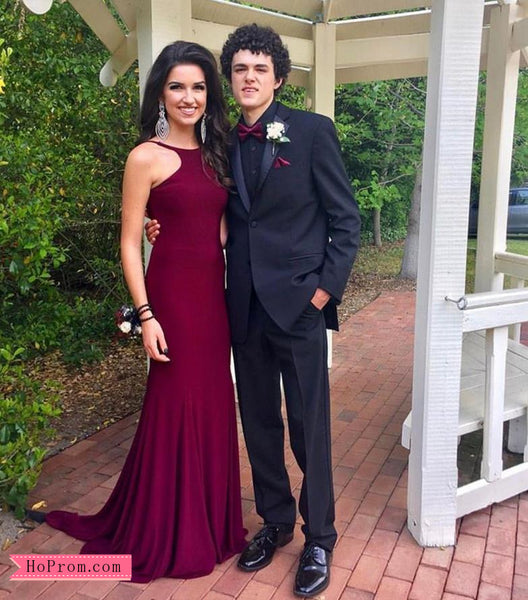Burgundy Spaghetti Straps Fitted Prom Dress with Open Back