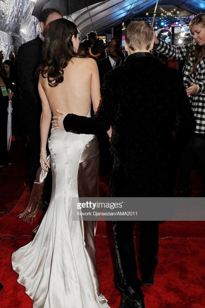 Silver grey Selena Gomez V Neck Slit Halter knot Dress Satin Prom Best Red Carpet Formal Dress AMA