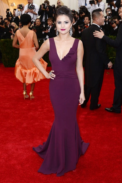 Grape Selena Gomez V Neck Dress Mermaid Prom Best Red Carpet Celebrity Formal Dress Met Gala