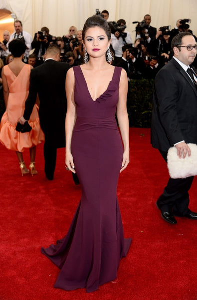 Grape Selena Gomez V Neck Dress Mermaid Prom Best Red Carpet Celebrity Formal Dress Met Gala