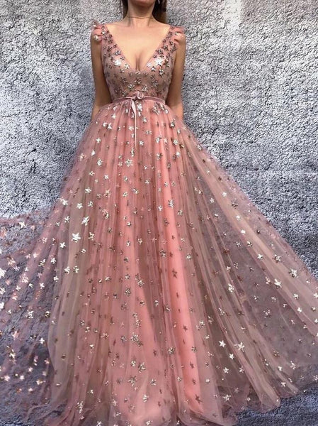 3D Stars Cap Sleeves Prom Dresses Sexy V-neck Evening Dresses