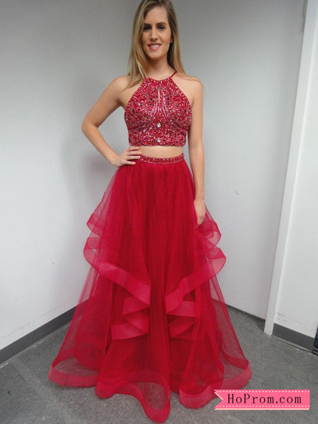 Red Two Piece Embellished Tulle Prom Dress