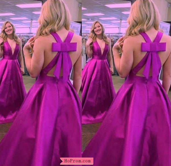 Purple V-Neck Mikado Prom Ball Gown Prom Dresses with Bow Back