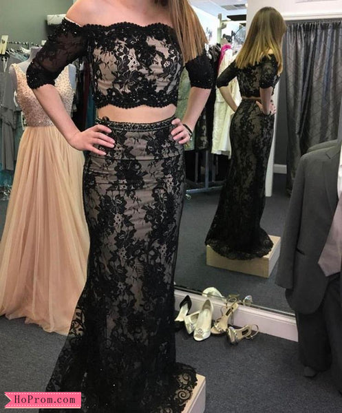 Lace Black Two Piece Prom Dresses with 3/4 Length Sleeves