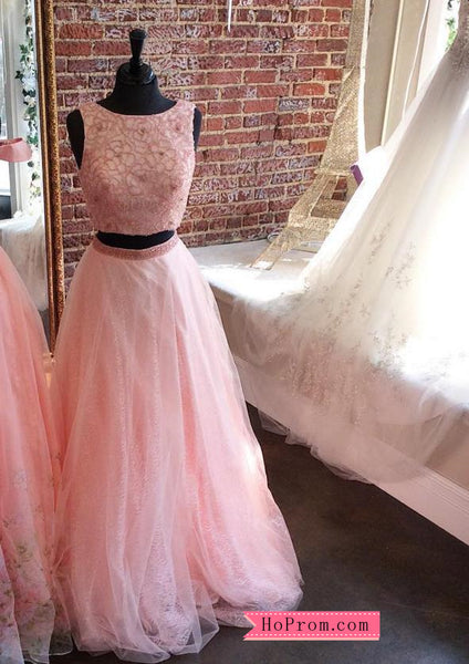 Two Piece Pink Embellished Bodice Prom Dress Ball Gown