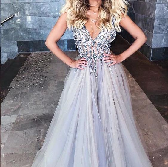 Sexy Open Back Prom Dresses Beading Tulle Saprkly Slit Evening Dress Hoprom Sexy Open Back Prom Dresses Beading Tulle Saprkly Slit Evening Dress Hoprom