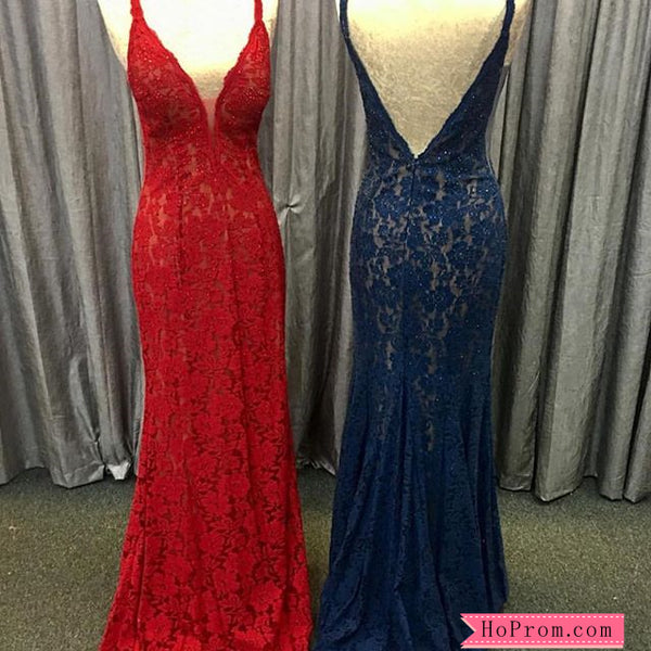 Red V neck Mermaid Lace Prom Dress