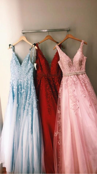 3D Flowers Straps Blue Applique Prom Dresses A Line V Neck Evening Dresses Blue, Red & Pink 3 Colors