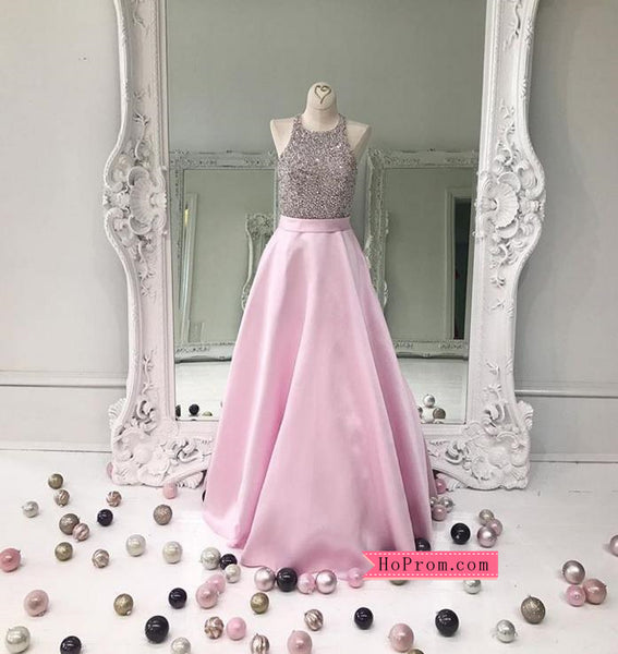 Pink Jeweled Bodice Satin Ball Gown Prom Dresses
