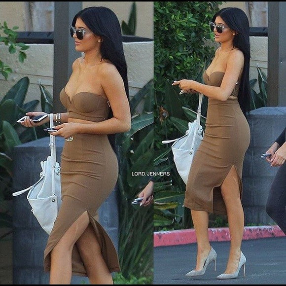kylie jenner brown ruched dress Ruched Dresses On Celebrities Kylie Jenner & More Rocking The Look Hollywood Life
