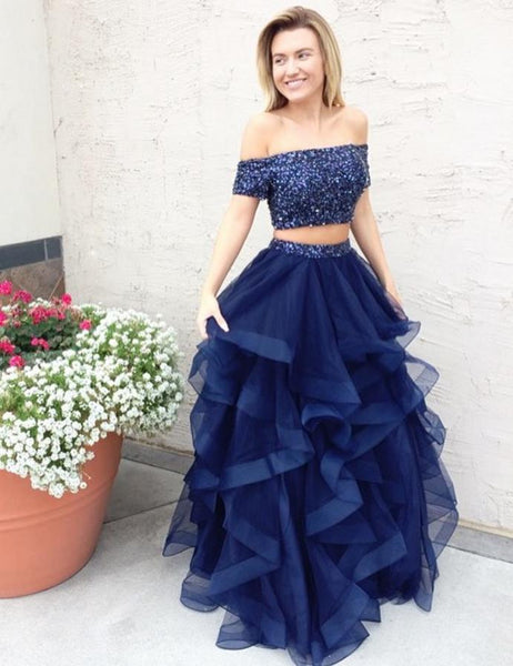Off Shoulder Cap Sleeve Navy Blue Two Piece Prom Dresses with Multi Layered Tulle Skirt