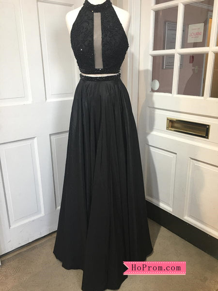 Two Piece High Halter Racer Back Black Prom Dresses With Pockets