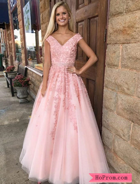 A Line Cap Sleeved Pink Applique Prom Dress for Cheap Online