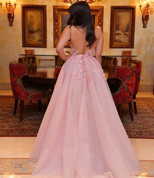 3D Flowers Long Pink Prom Dress Straps Backless Evening Dresses