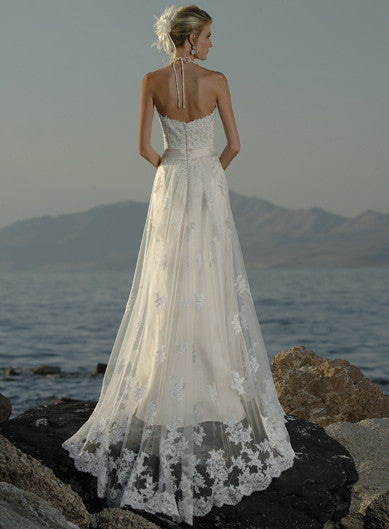 Lace Over Tulle Halter Beach Wedding Dress with Ribbon Sash – Hoprom Lace Over Tulle Halter Beach Wedding Dress with Ribbon Sash – Hoprom